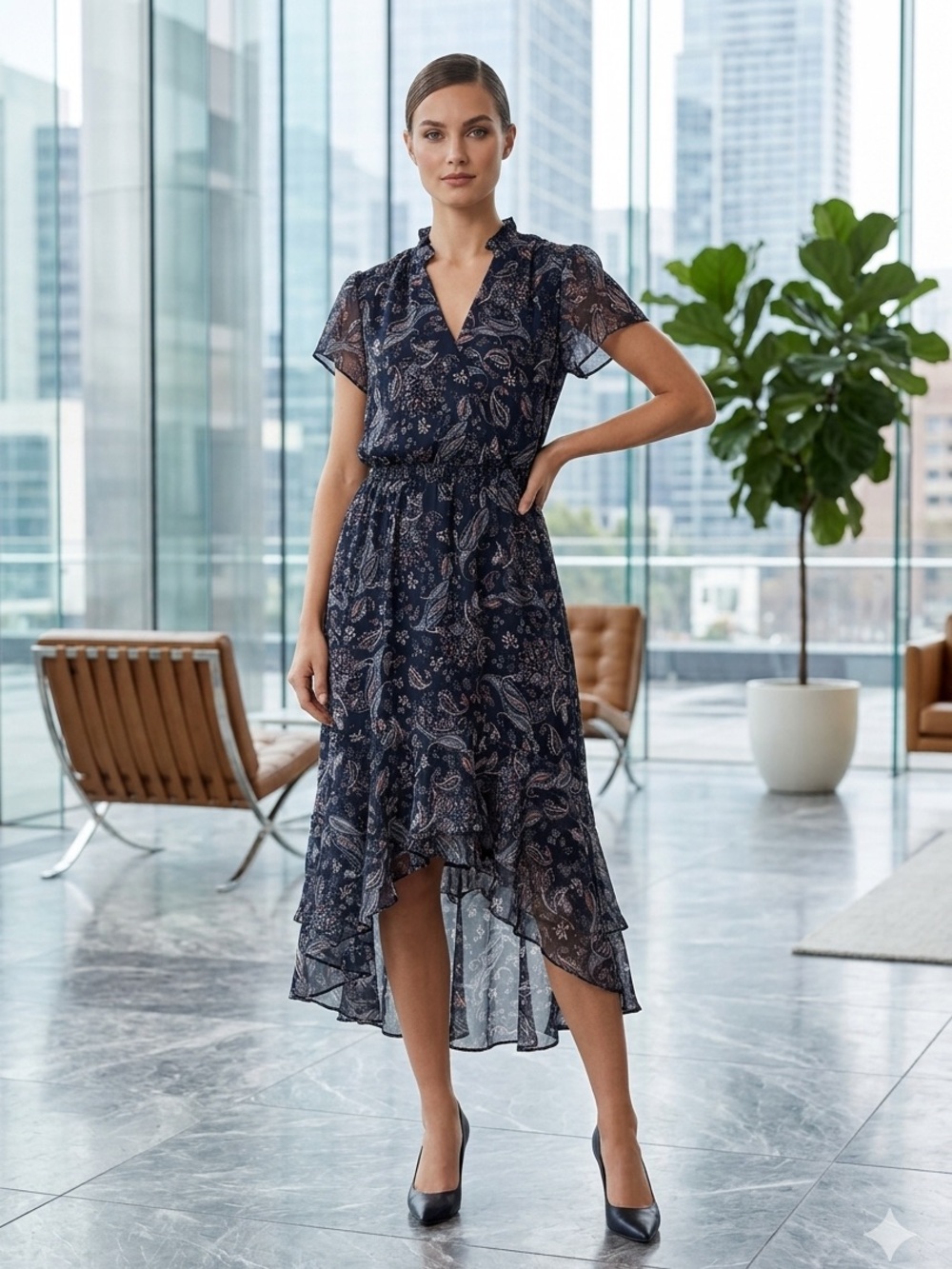 1.State Navy Blue Paisley Prints High-Low Ruffle Dress Size Small